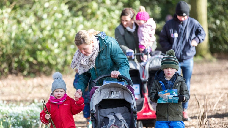 Woman pushing a buggy with small children looking at a trail sheet